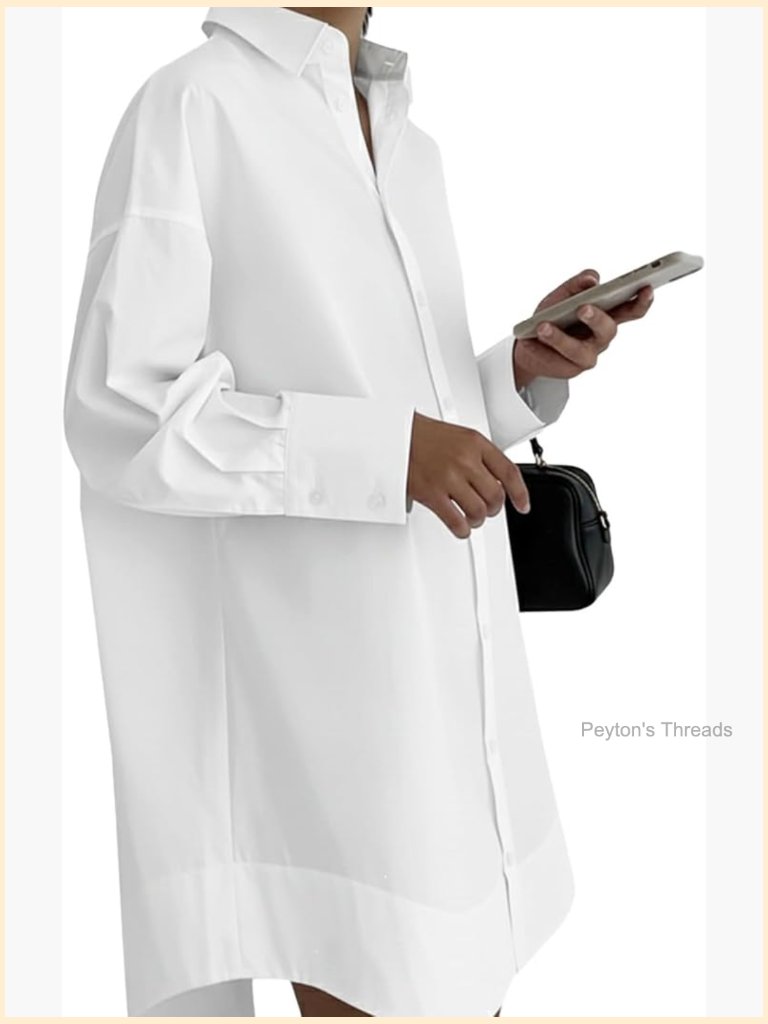 Long Sleeve Button Down Shirt Dress - Business Casual Loose V Neck Midi Tunic